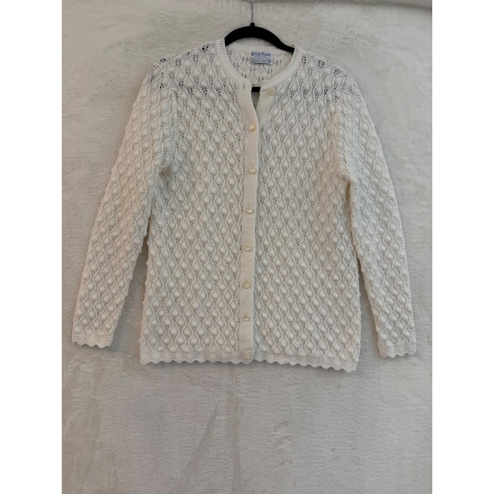 British Vogue Wintuk Vintage White Popcorn Knit Cardigan Sweater Womens Medium
